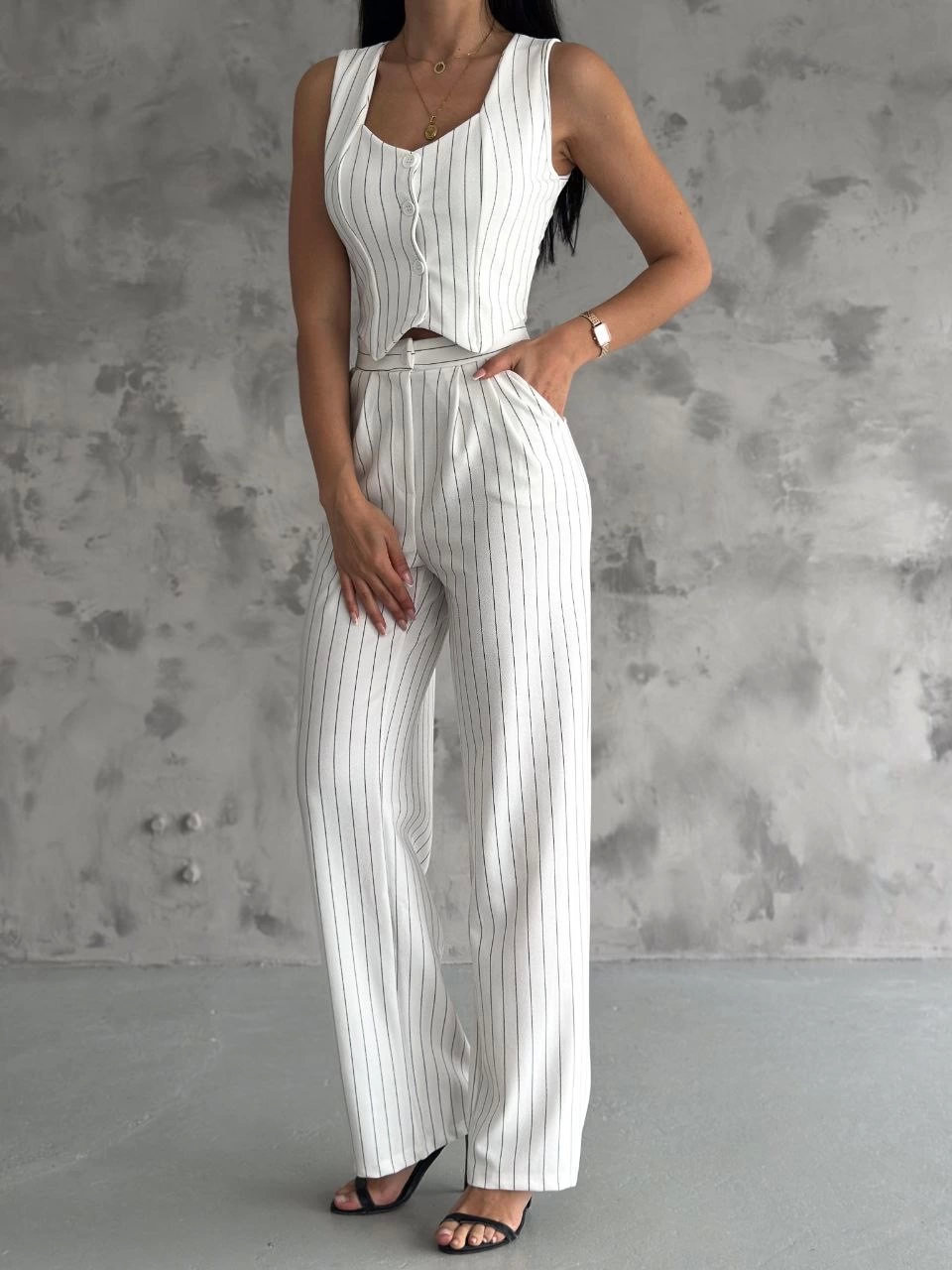 Çizgili palazzo pantolonlu yelek takım s3395