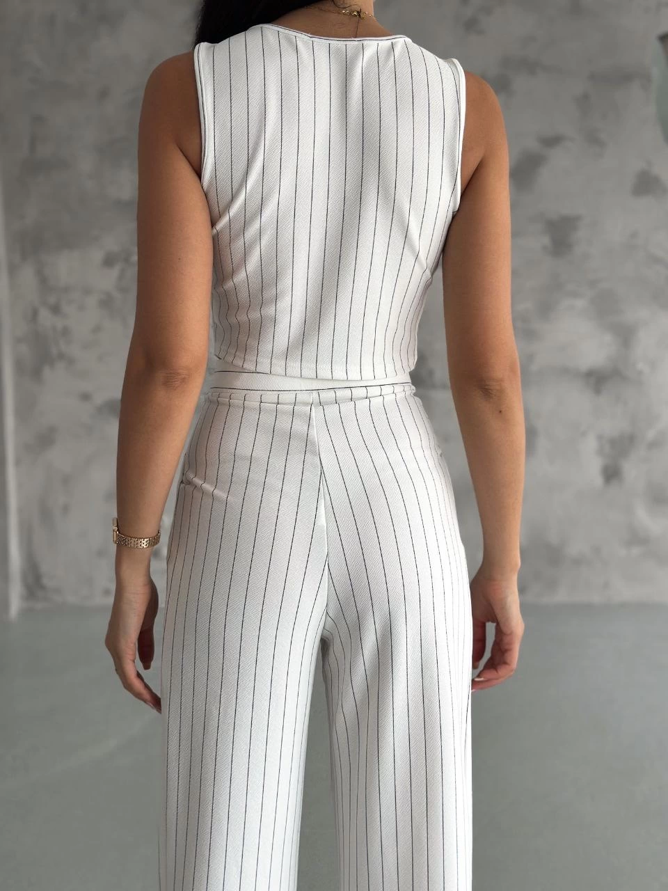 Çizgili palazzo pantolonlu yelek takım s3395
