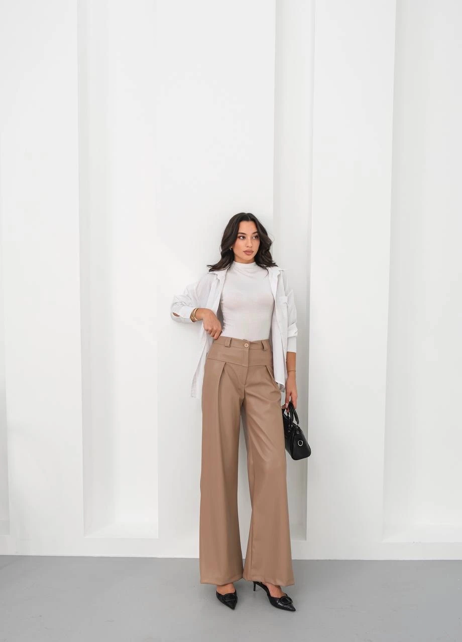 Deri geniş paça beli lastikli pantolon bej h263644