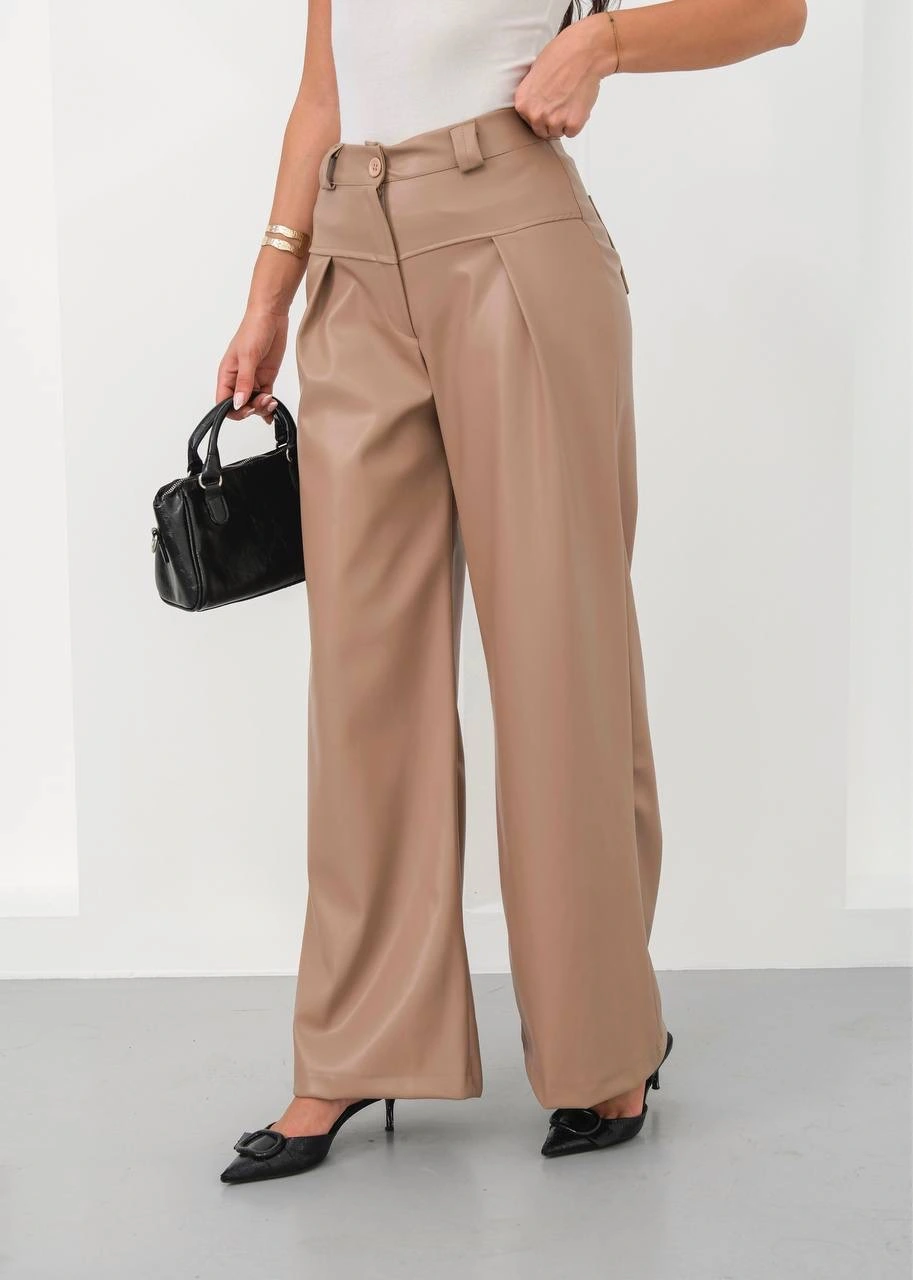 Deri geniş paça beli lastikli pantolon bej h263644