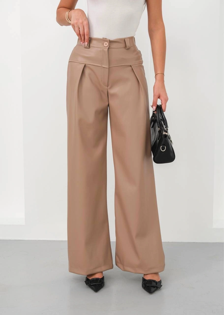 Deri geniş paça beli lastikli pantolon bej h263644