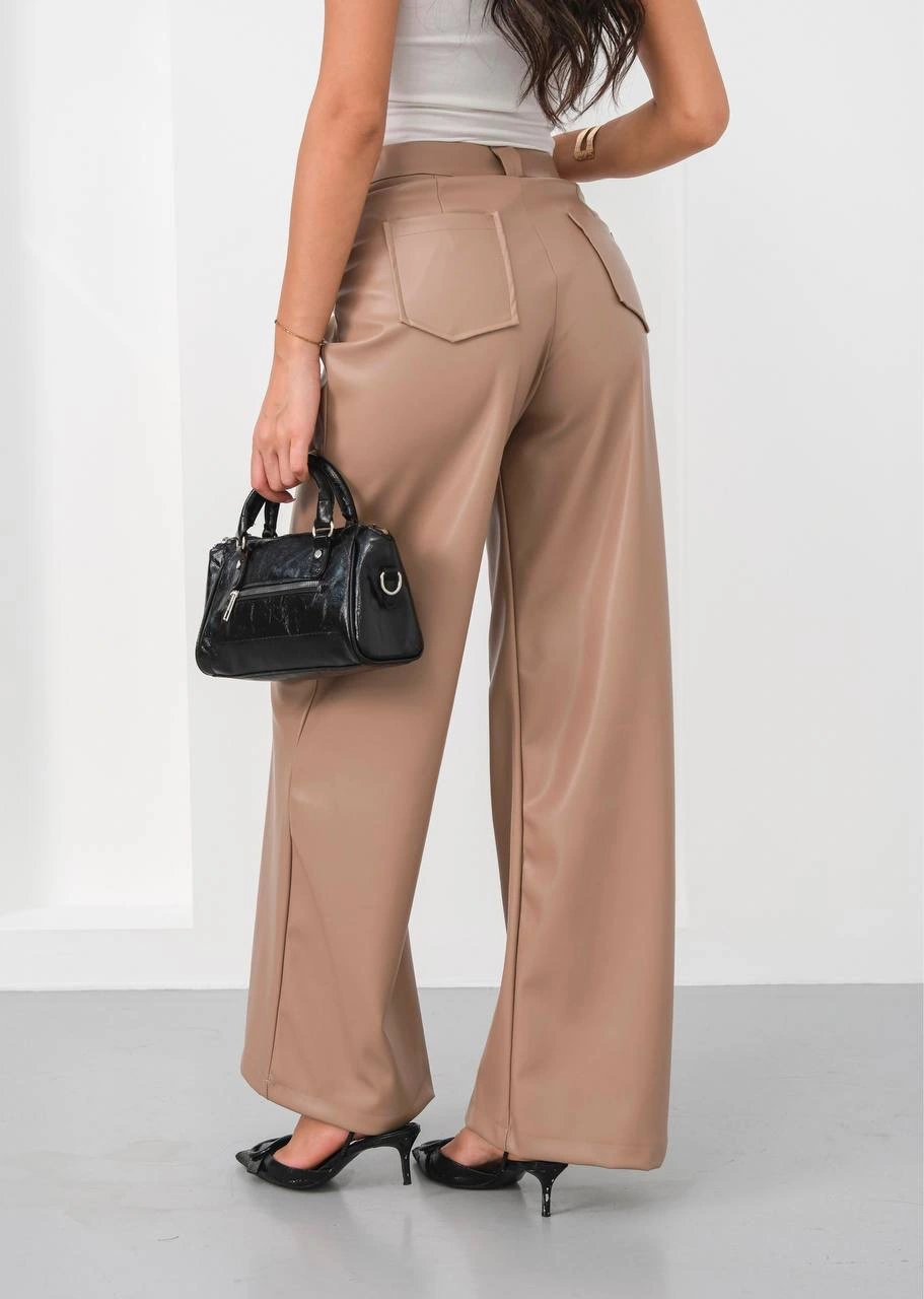 Deri geniş paça beli lastikli pantolon bej h263644