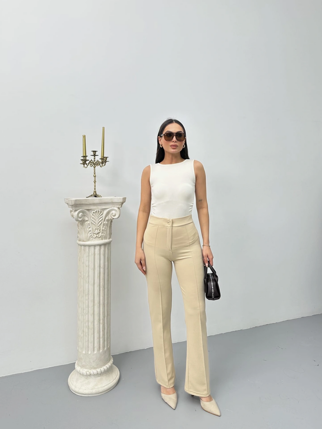 Düğmeli Palazzo pantolon bej p170091
