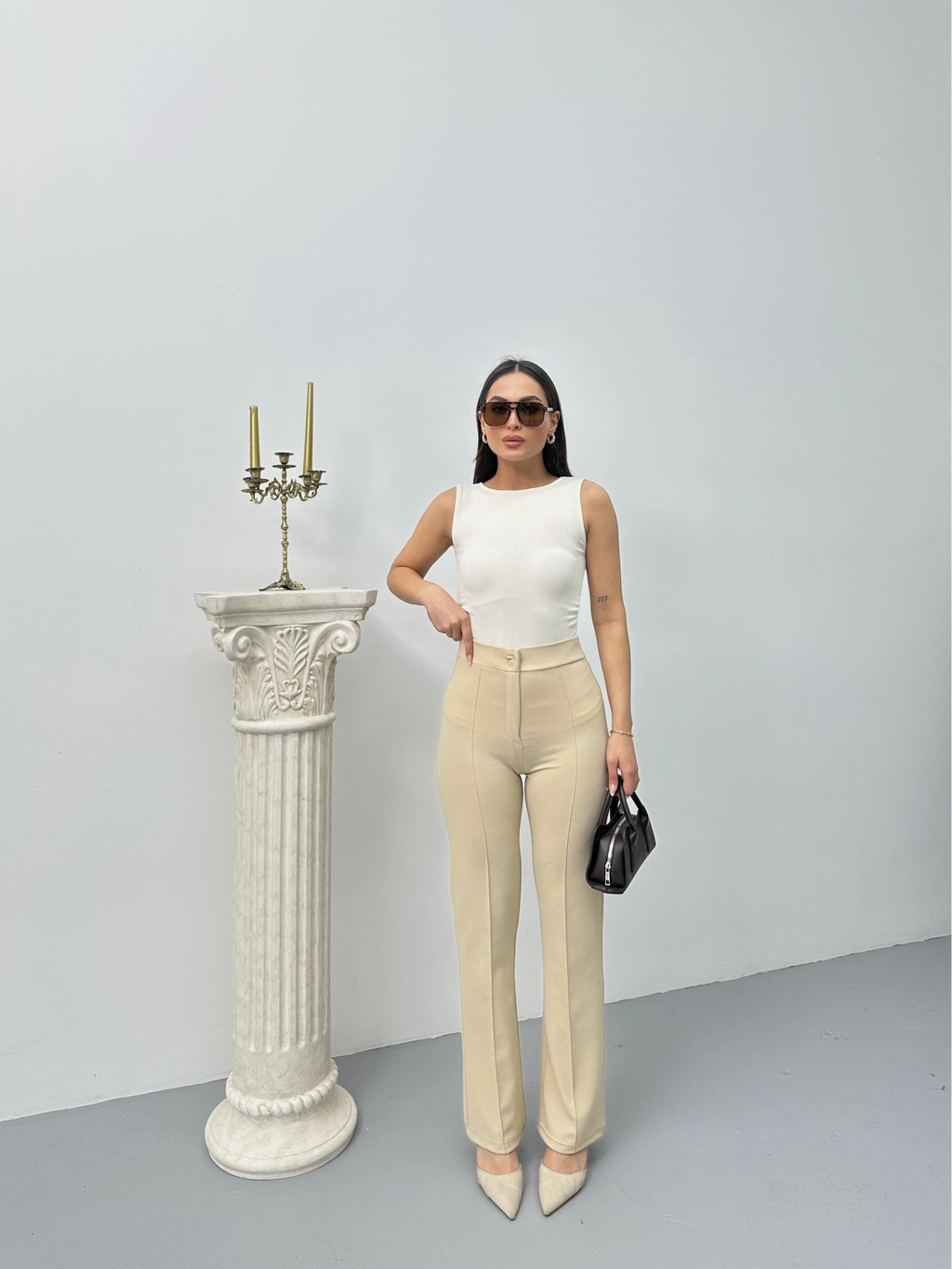 Düğmeli Palazzo pantolon bej p170091