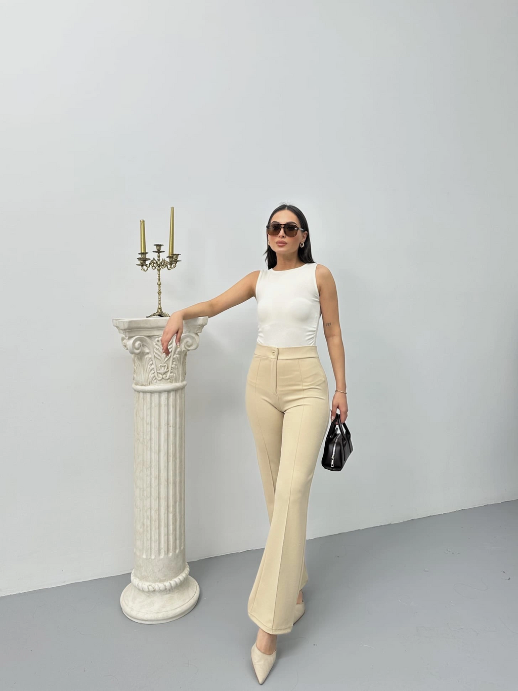 Düğmeli Palazzo pantolon bej p170091