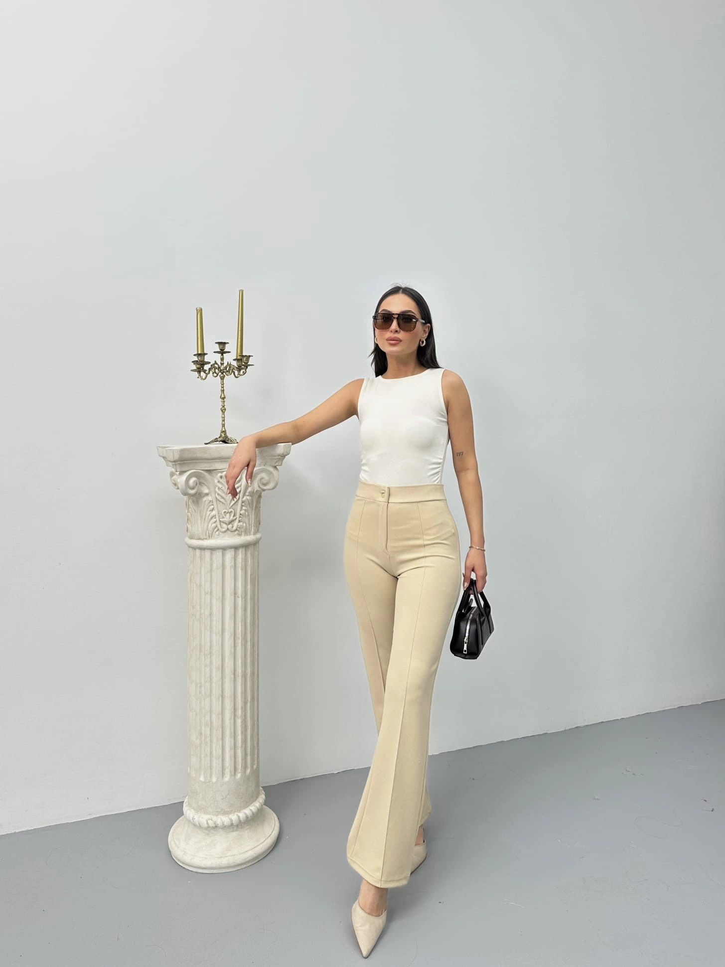 Düğmeli Palazzo pantolon bej p170091