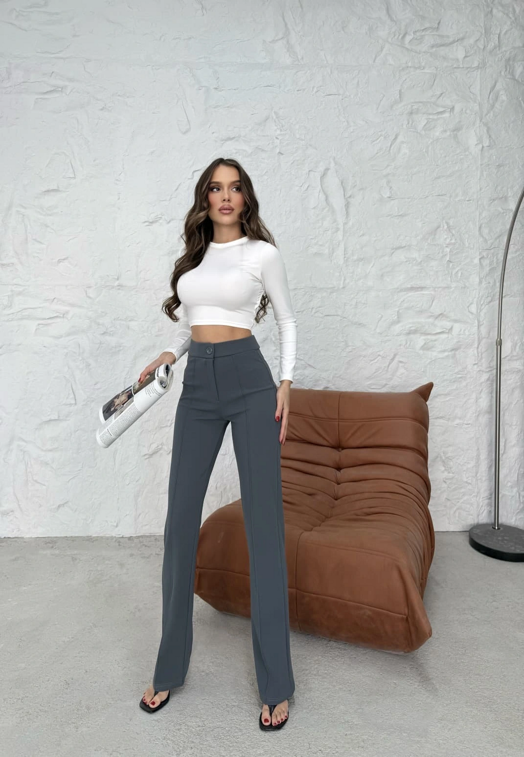 Düğmeli Palazzo pantolon füme p170091