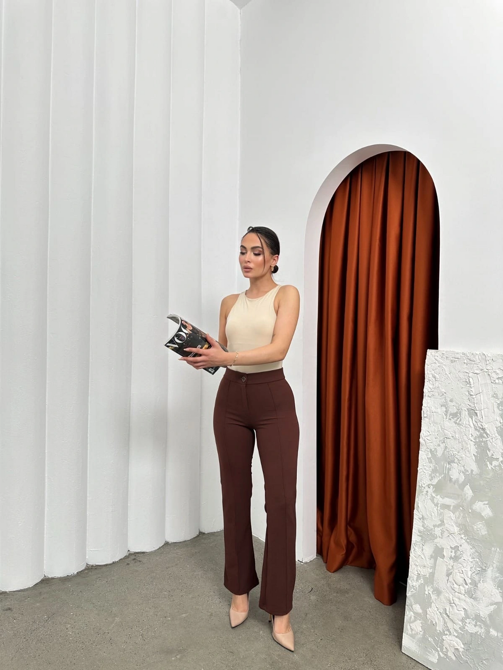 Düğmeli Palazzo pantolon kahve p170091