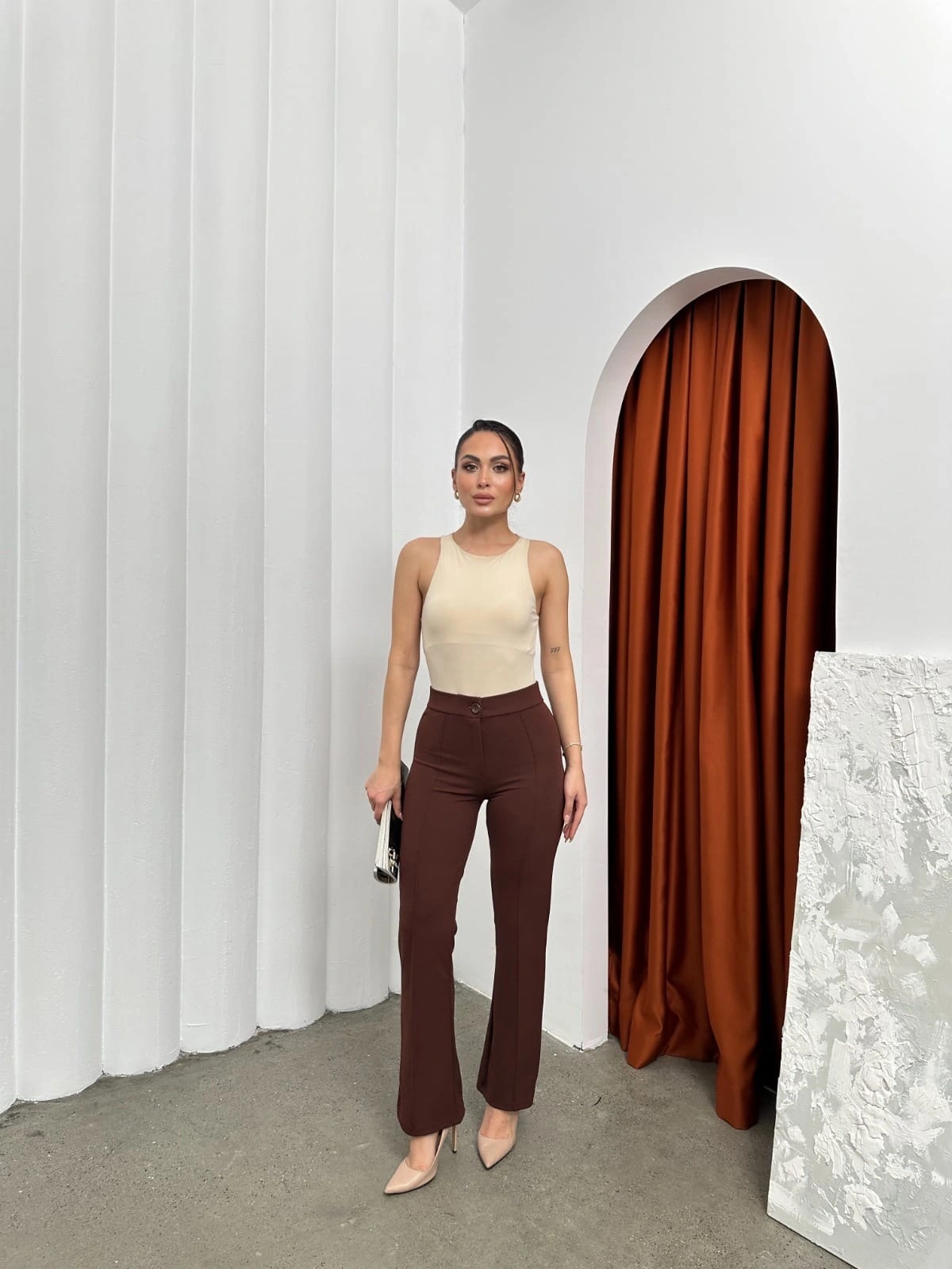 Düğmeli Palazzo pantolon kahve p170091