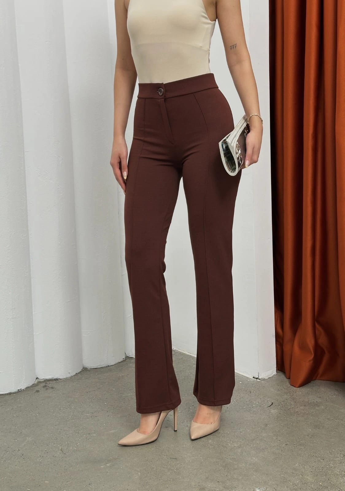 Düğmeli Palazzo pantolon kahve p170091