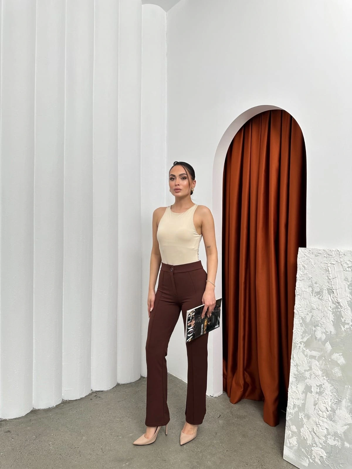 Düğmeli Palazzo pantolon kahve p170091