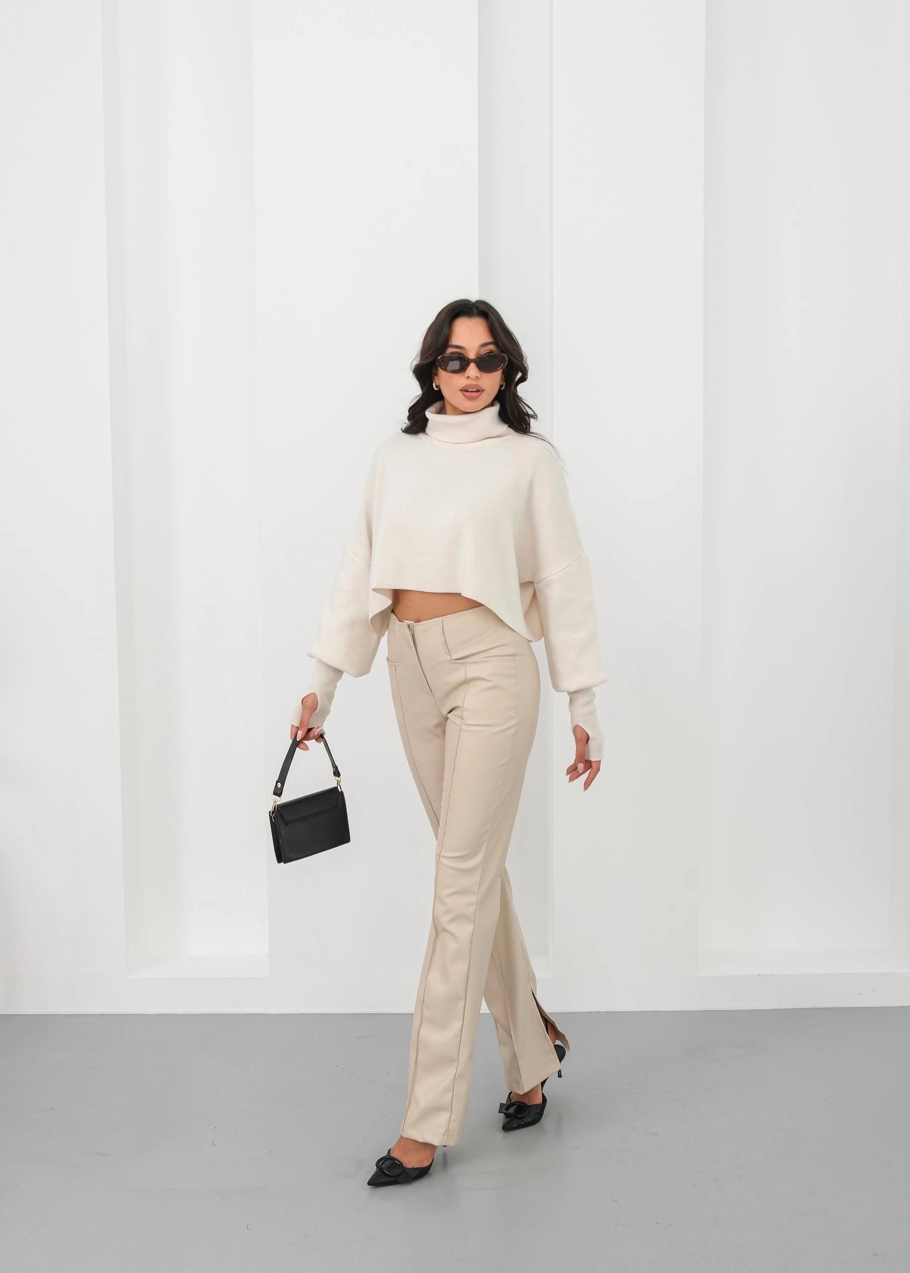 İspanyol yırtmaçlı paça deri pantolon bej hn