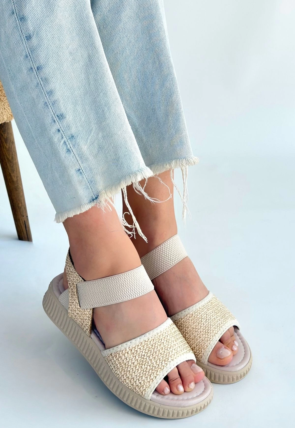 Jake Bej Hasır Cilt Sandalet