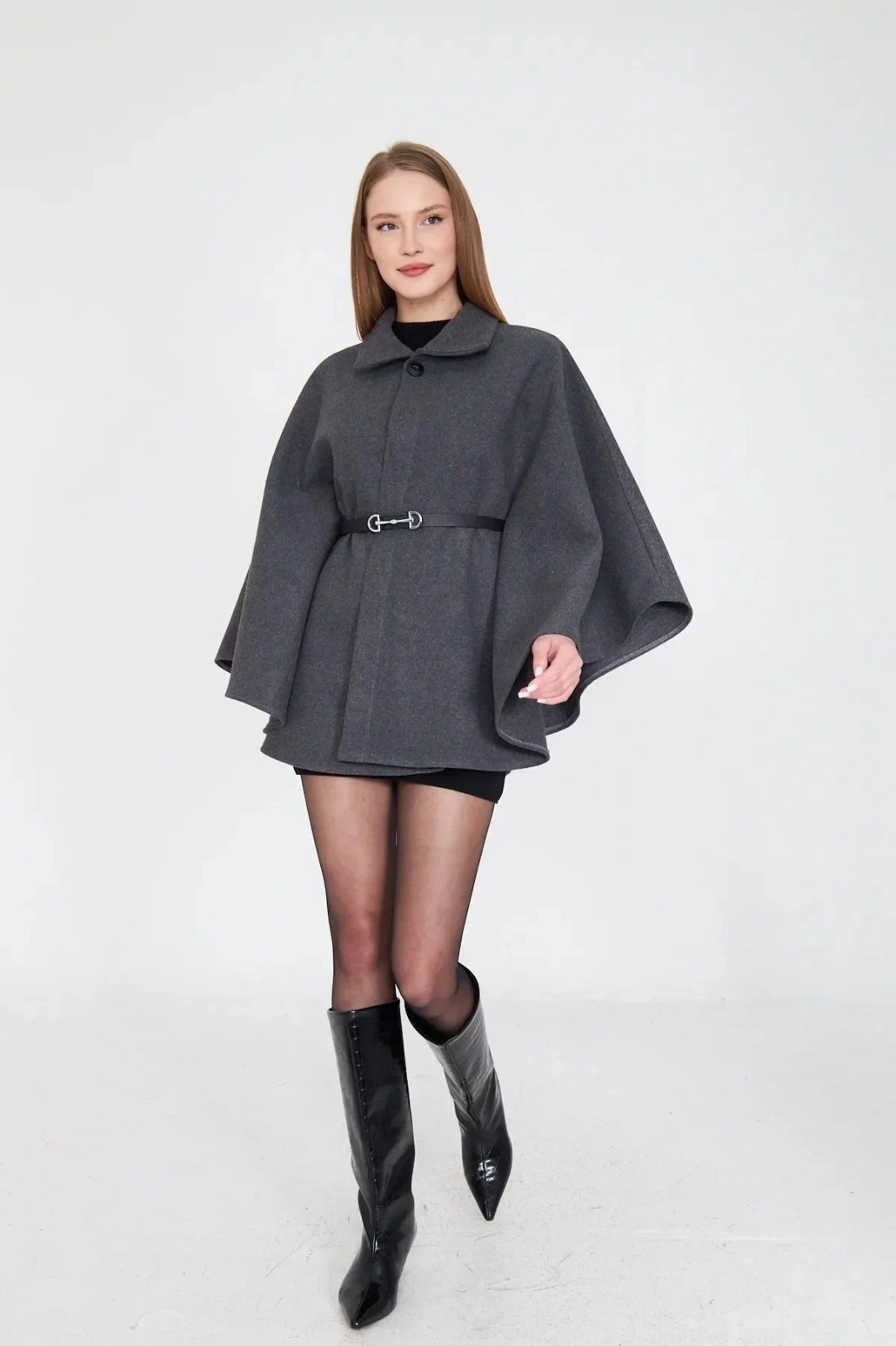 Kemerli kaşe panço antrasit pt