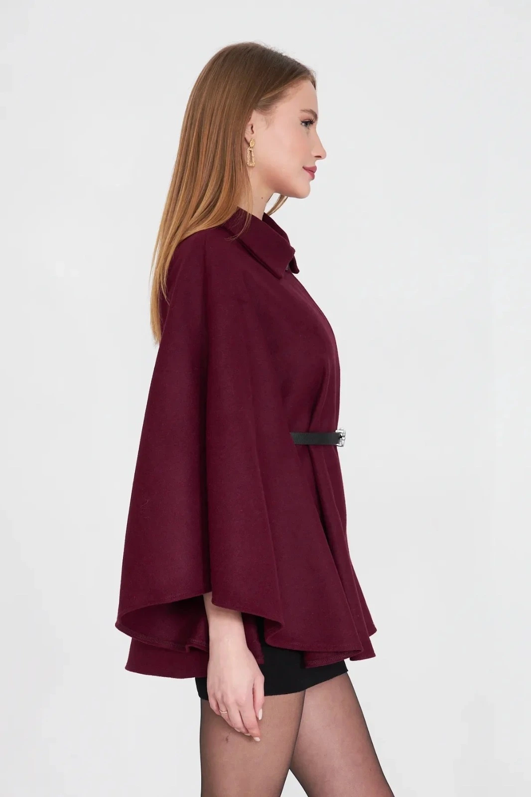 Kemerli kaşe panço bordo pt