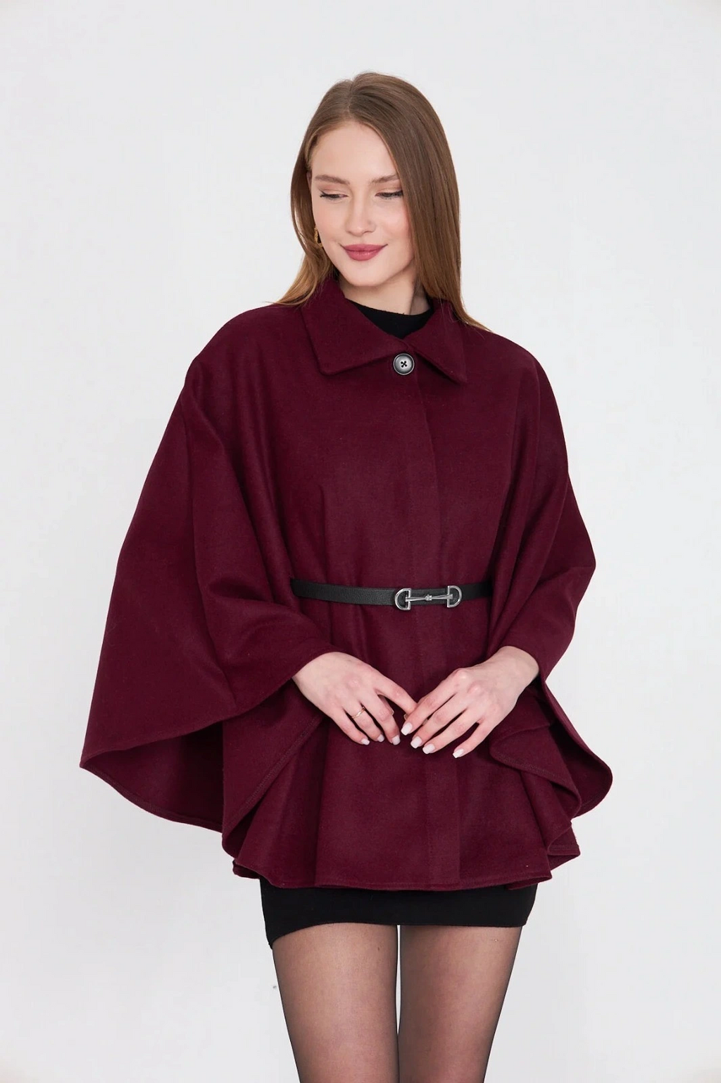 Kemerli kaşe panço bordo pt