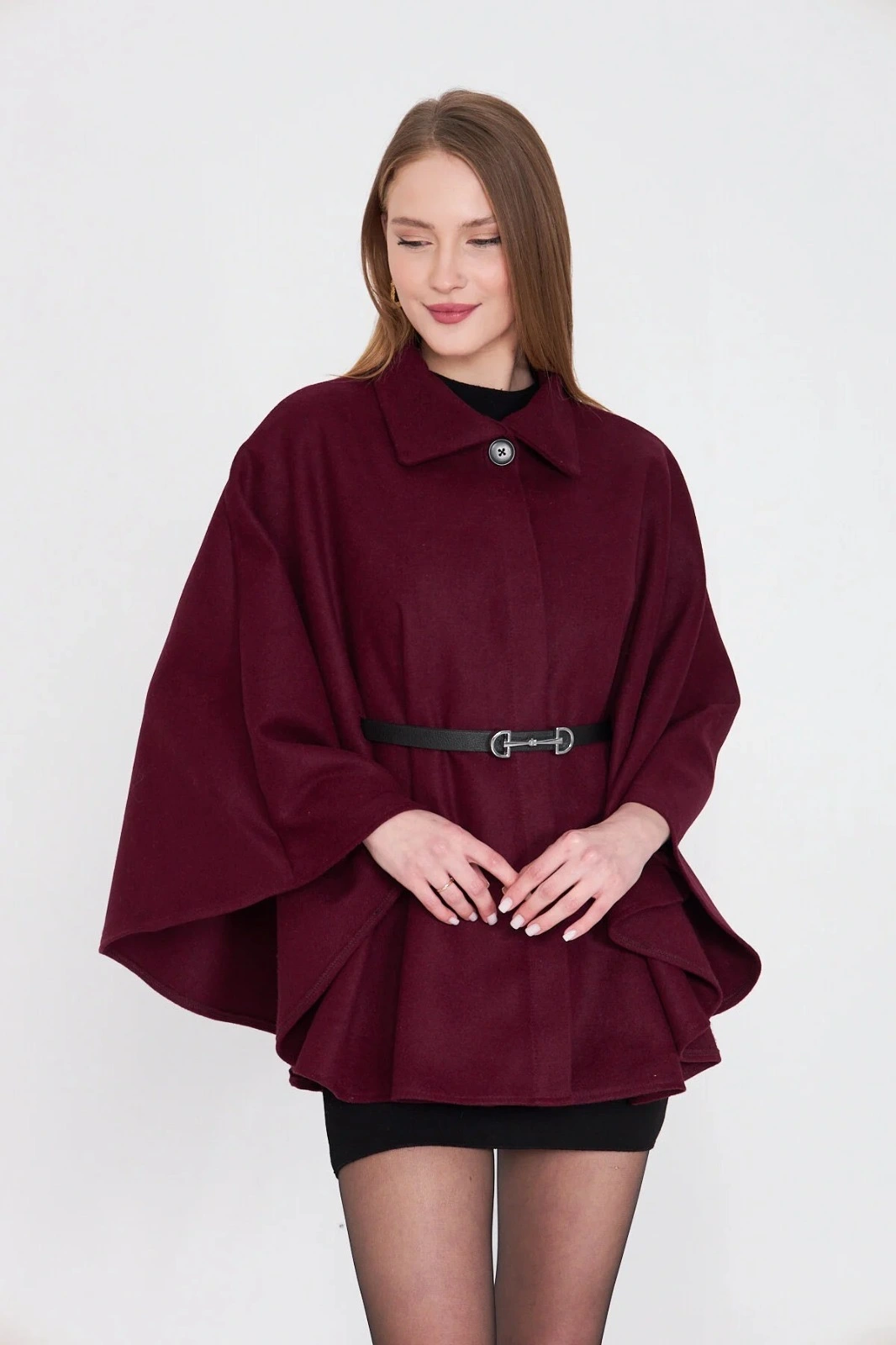 Kemerli kaşe panço bordo pt