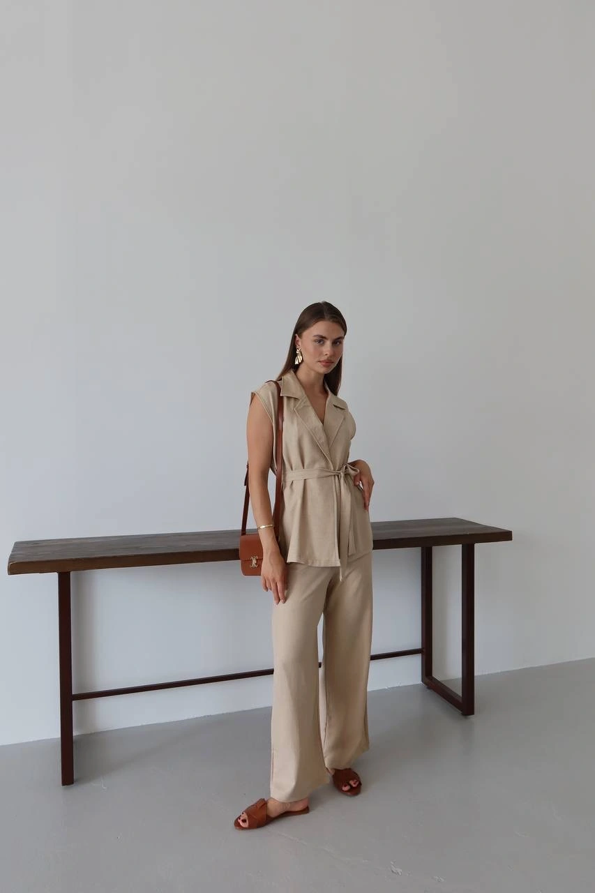 Keten yelek pantolon takım bej pt