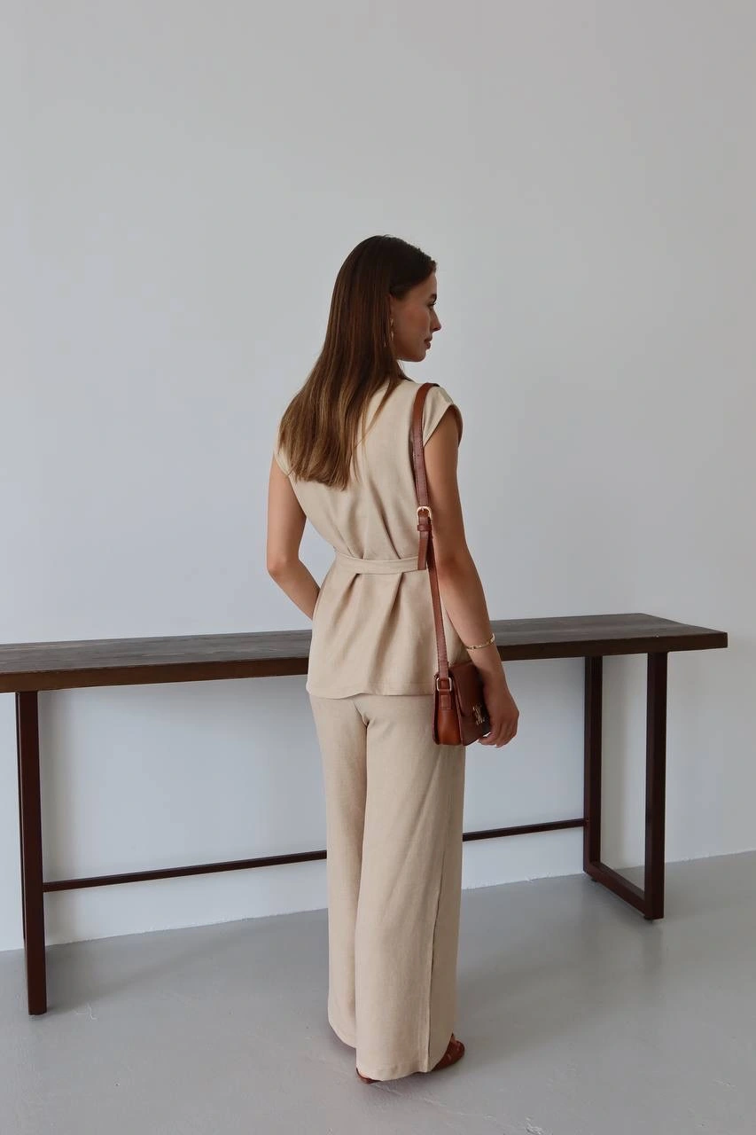 Keten yelek pantolon takım bej pt