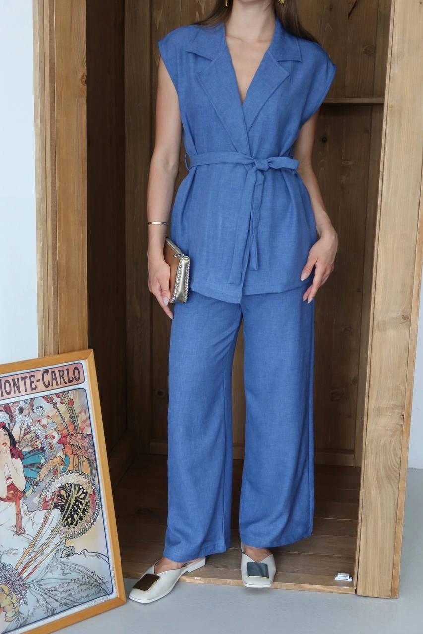 Keten yelek pantolon takım indigo pt