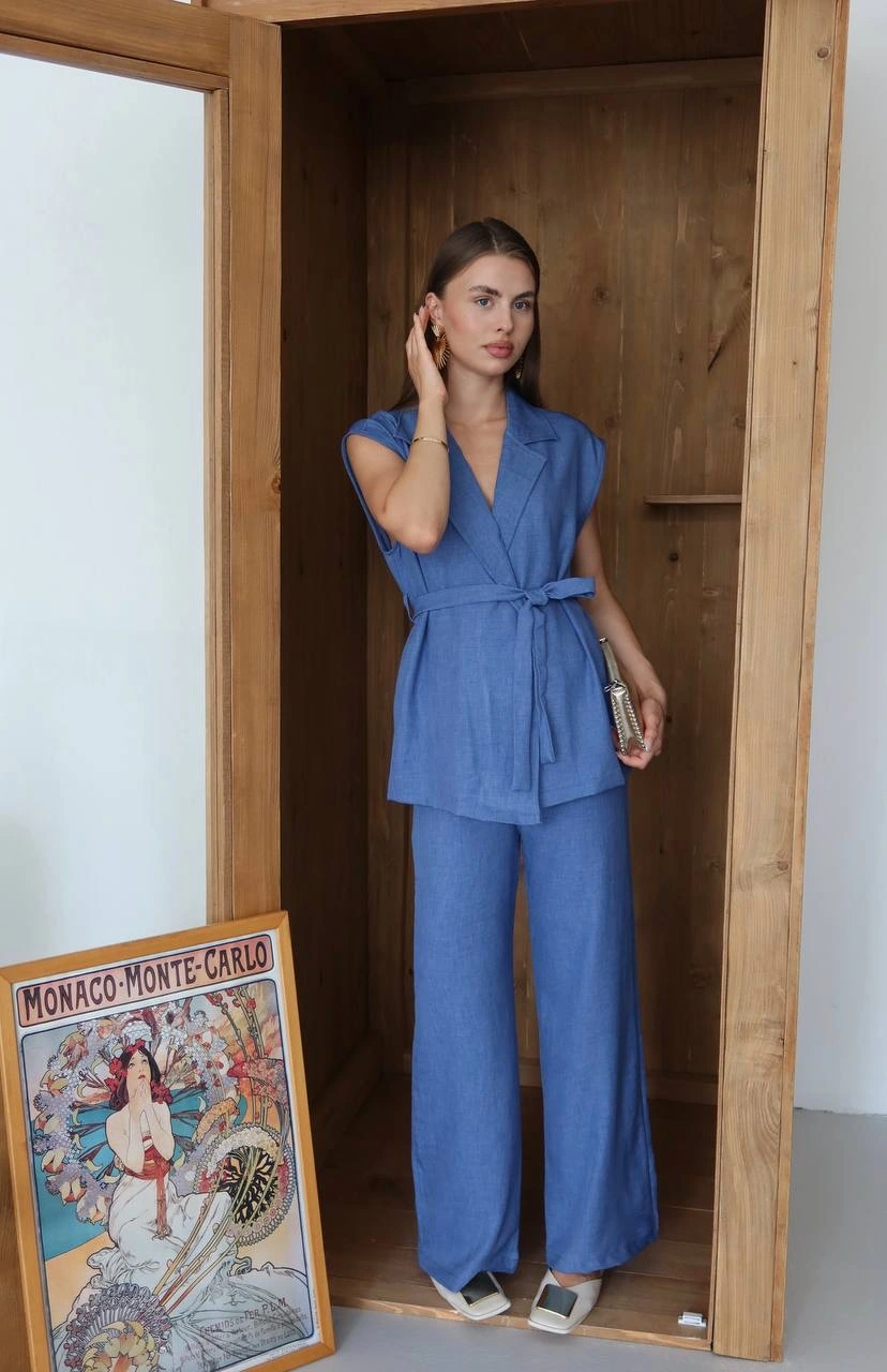 Keten yelek pantolon takım indigo pt