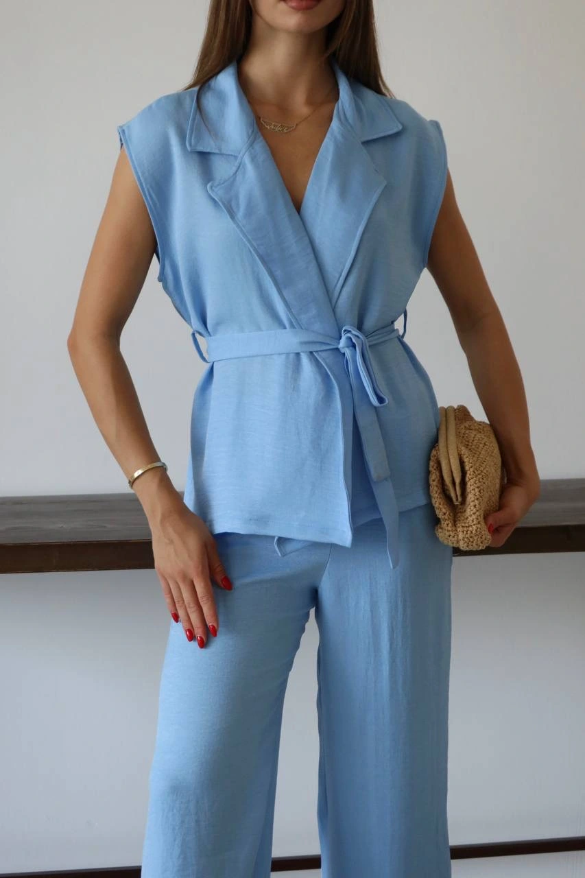 Keten yelek pantolon takım mavi pt