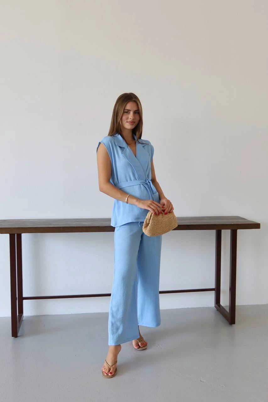 Keten yelek pantolon takım mavi pt