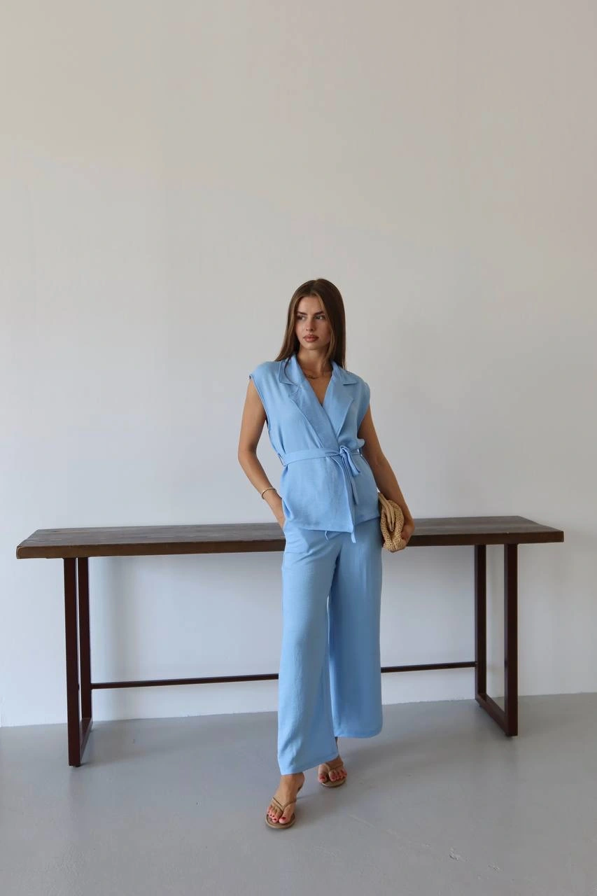 Keten yelek pantolon takım mavi pt