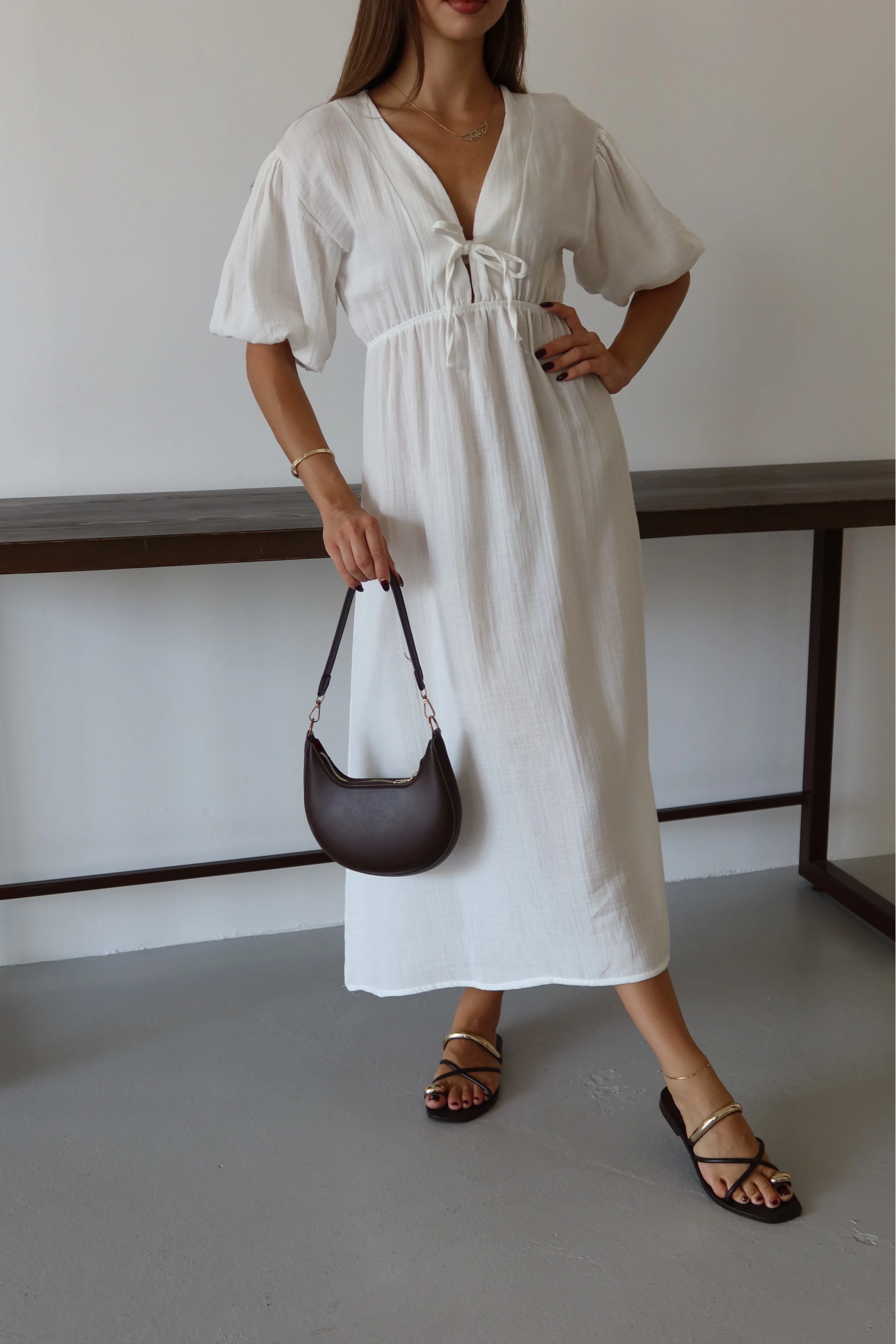 Kısa kollu müslin elbise beyaz pt