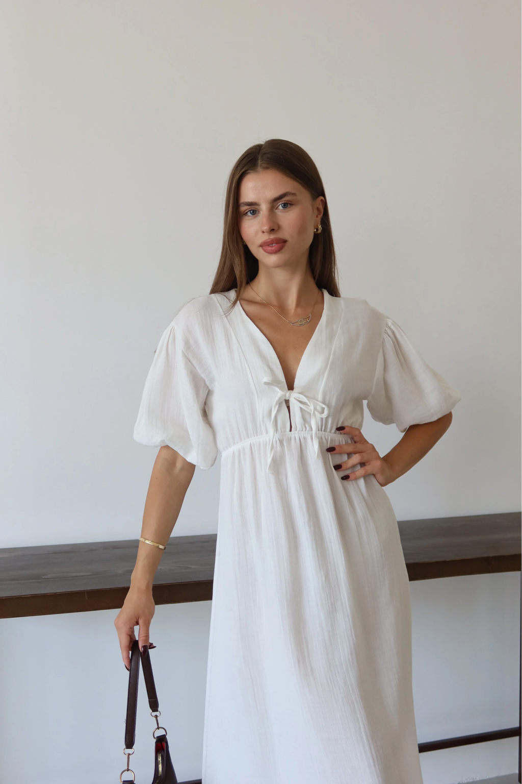 Kısa kollu müslin elbise beyaz pt
