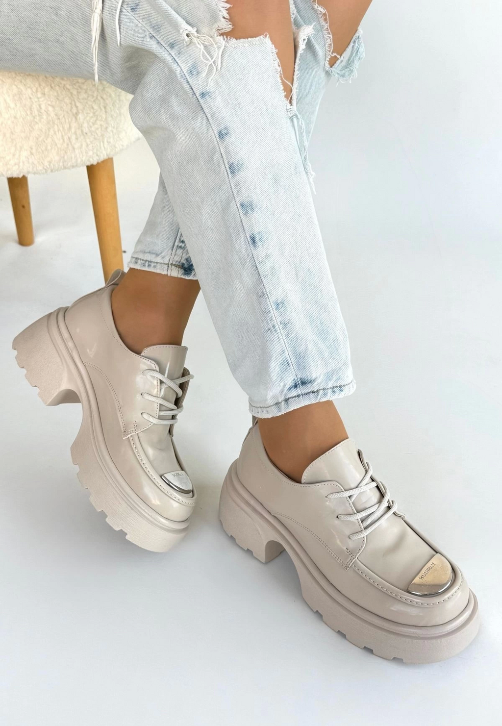 Kiya Bej Rugan Dolgu Topuk Oxford Ayakkabı