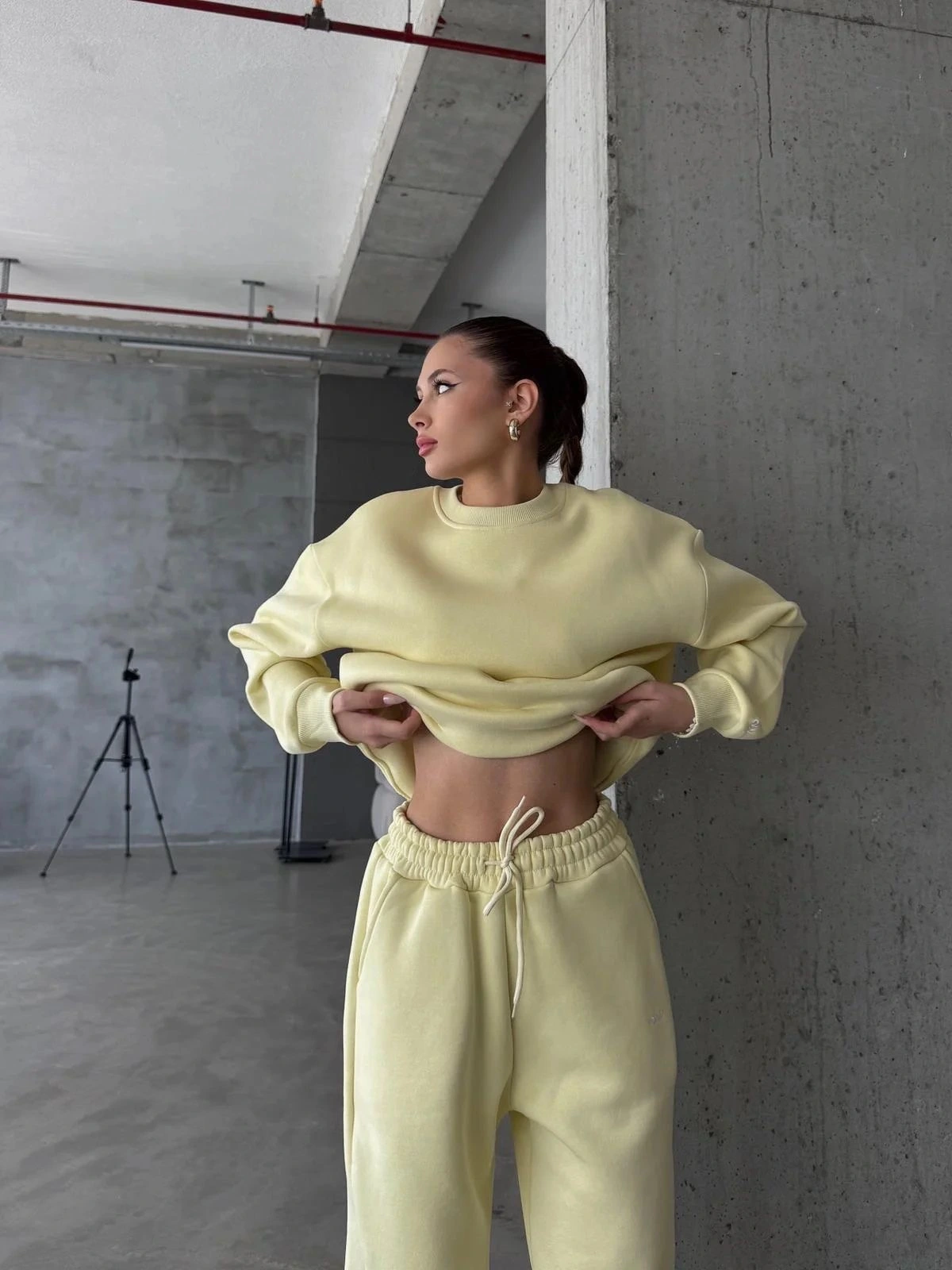 3 iplik şardonlu Lastik paça eşofman sarı p510439