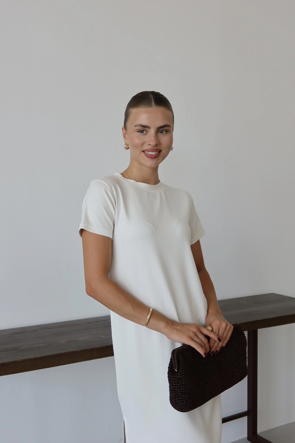 Modal yırtmaçlı elbise beyaz pt