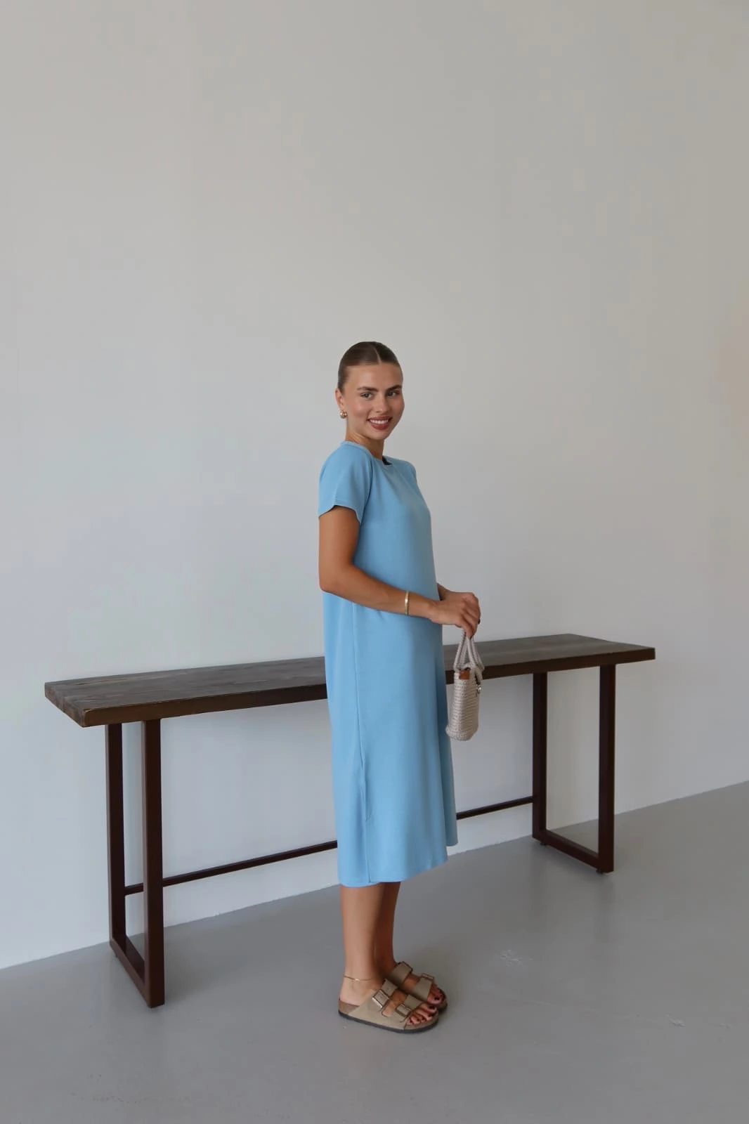 Modal yırtmaçlı elbise mavi pt