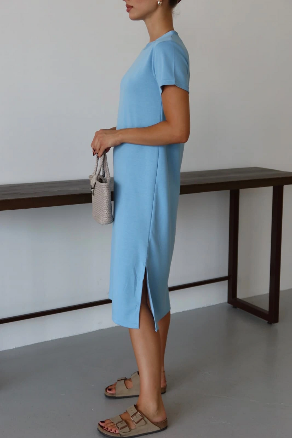 Modal yırtmaçlı elbise mavi pt