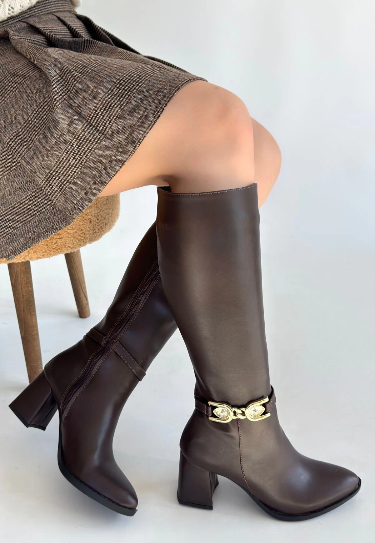 Mooni Kahverengi Cilt Topuklu Çizme