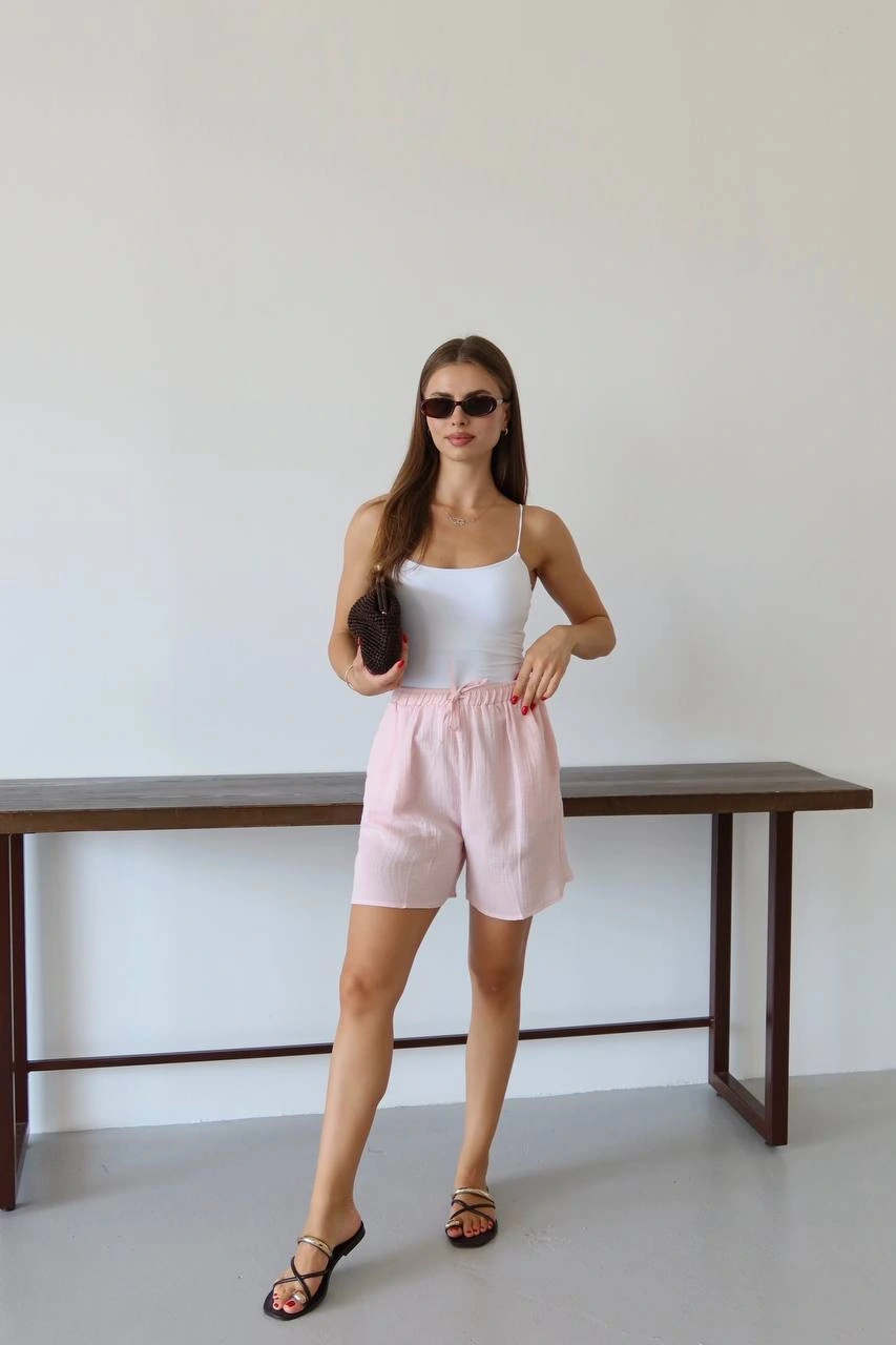 Müslin kumaş şort bağcıklı pembe pt