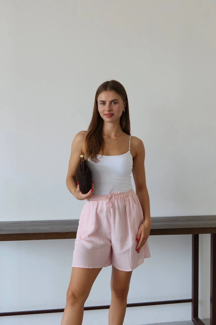 Müslin kumaş şort bağcıklı pembe pt