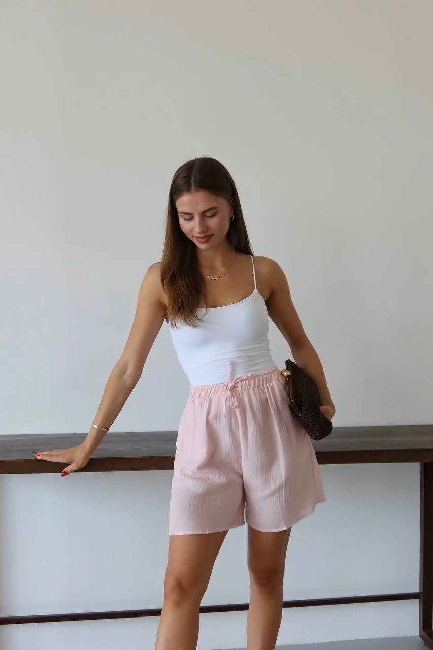 Müslin kumaş şort bağcıklı pembe pt