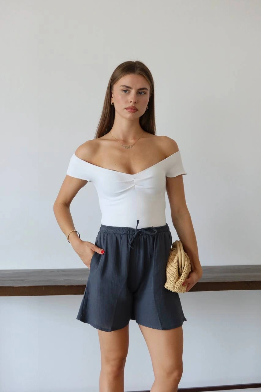 Müslin kumaş şort bağcıklı antrasit pt