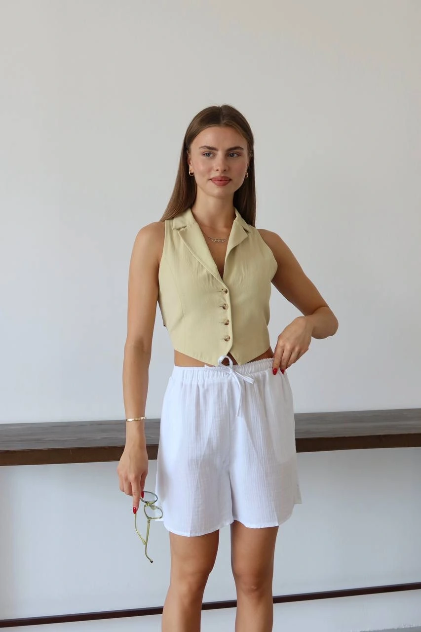 Müslin kumaş şort bağcıklı beyaz pt