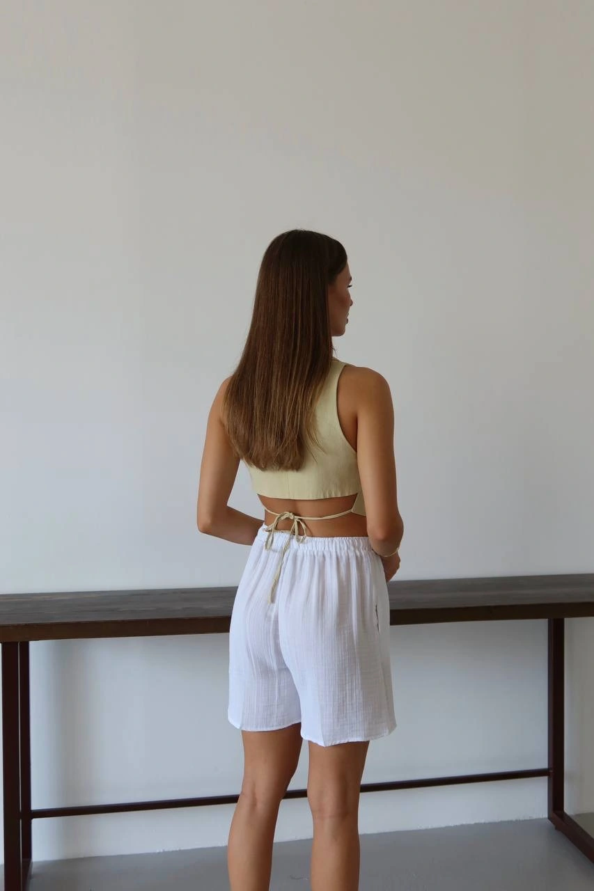Müslin kumaş şort bağcıklı beyaz pt