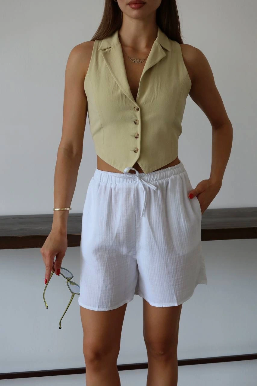 Müslin kumaş şort bağcıklı beyaz pt