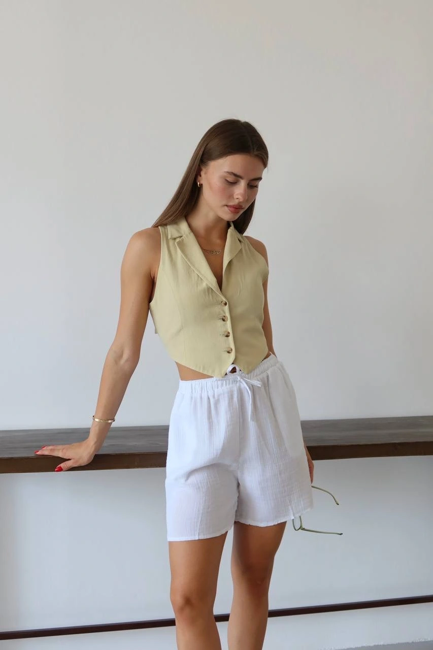 Müslin kumaş şort bağcıklı beyaz pt