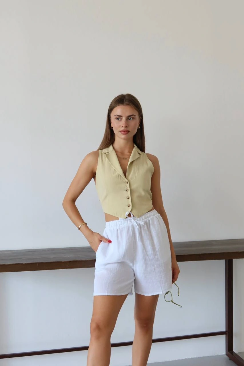 Müslin kumaş şort bağcıklı beyaz pt