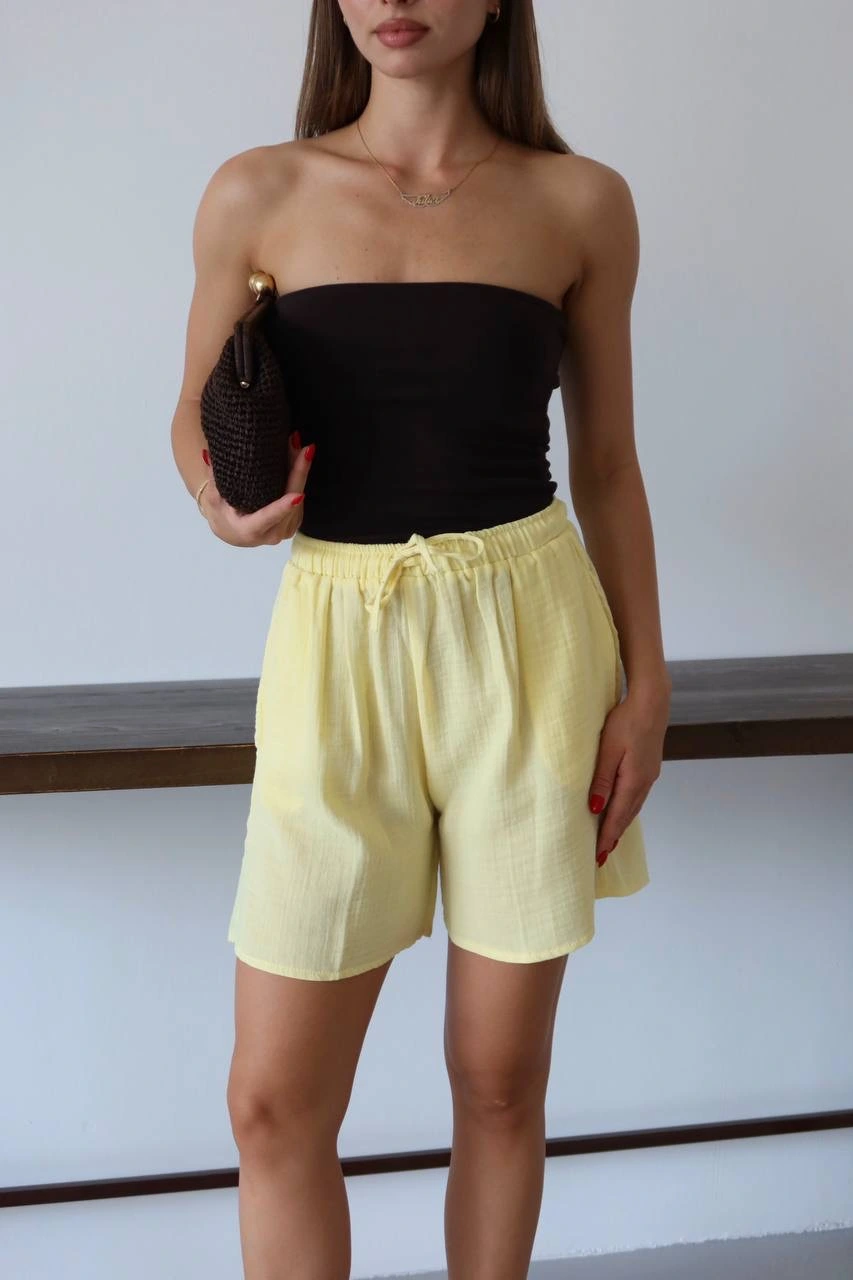 Müslin kumaş şort bağcıklı sarı pt