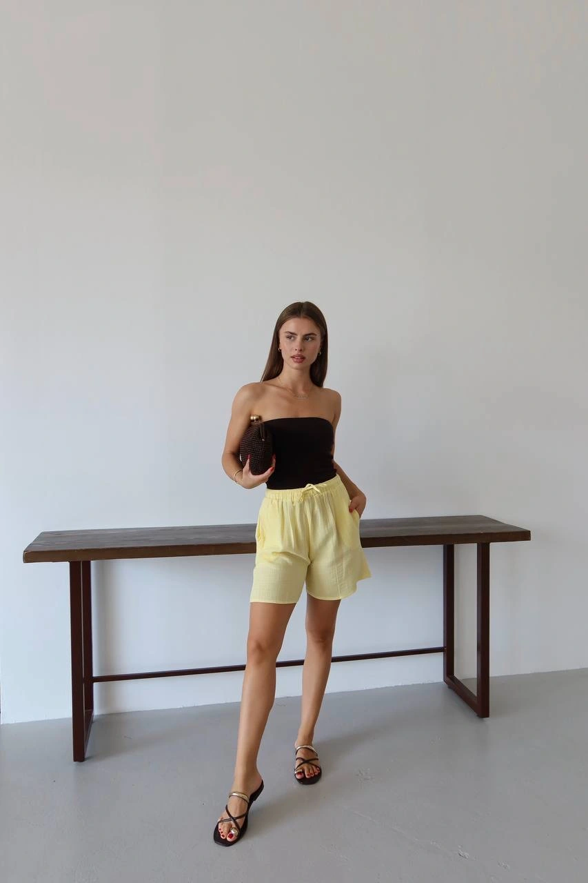 Müslin kumaş şort bağcıklı sarı pt