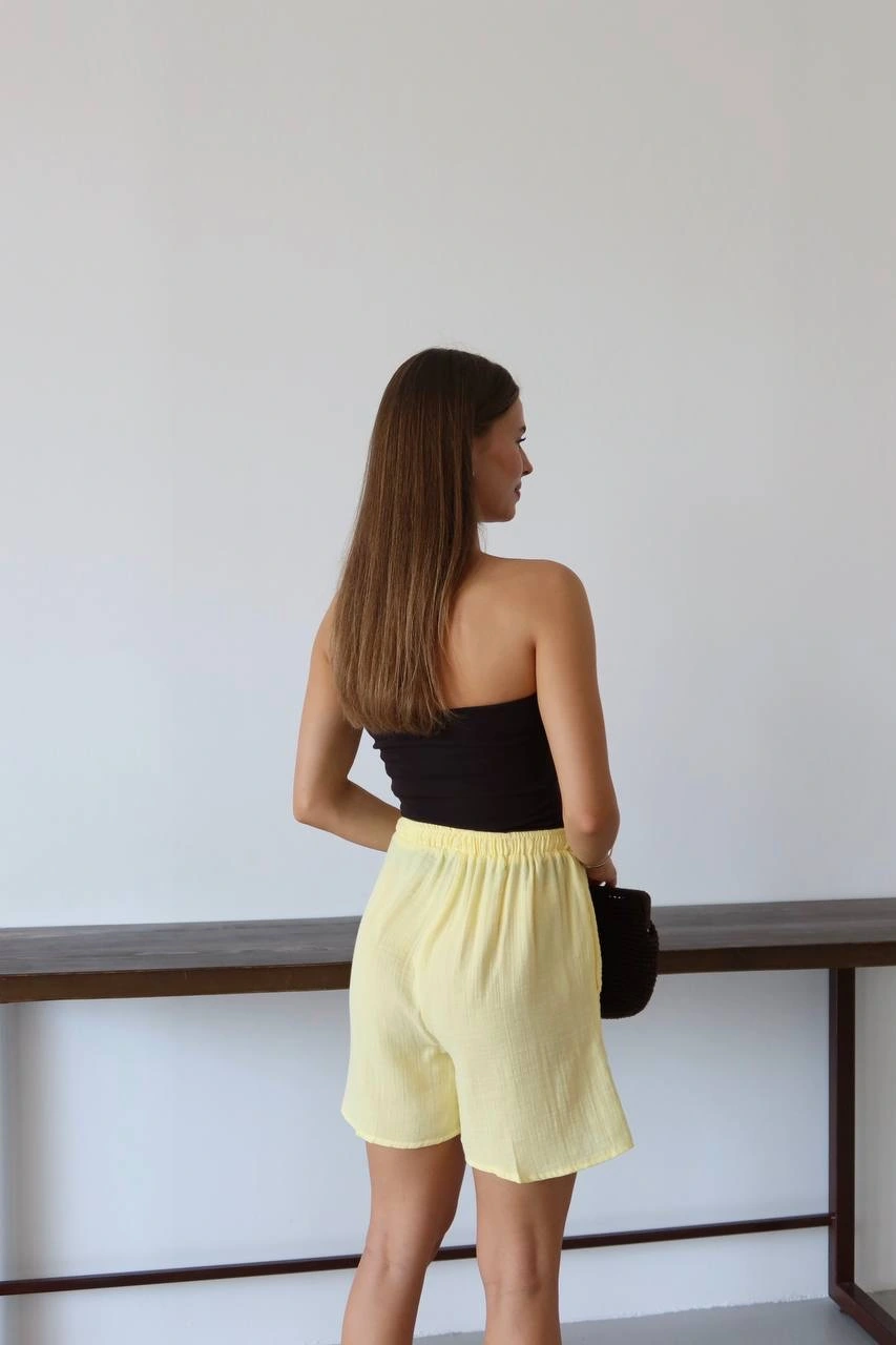 Müslin kumaş şort bağcıklı sarı pt