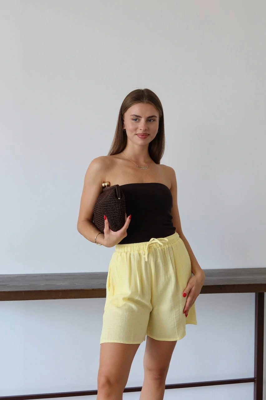 Müslin kumaş şort bağcıklı sarı pt