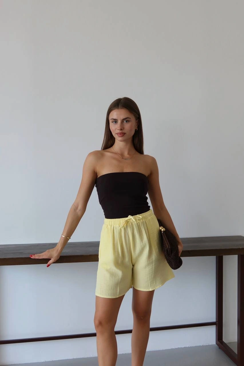 Müslin kumaş şort bağcıklı sarı pt